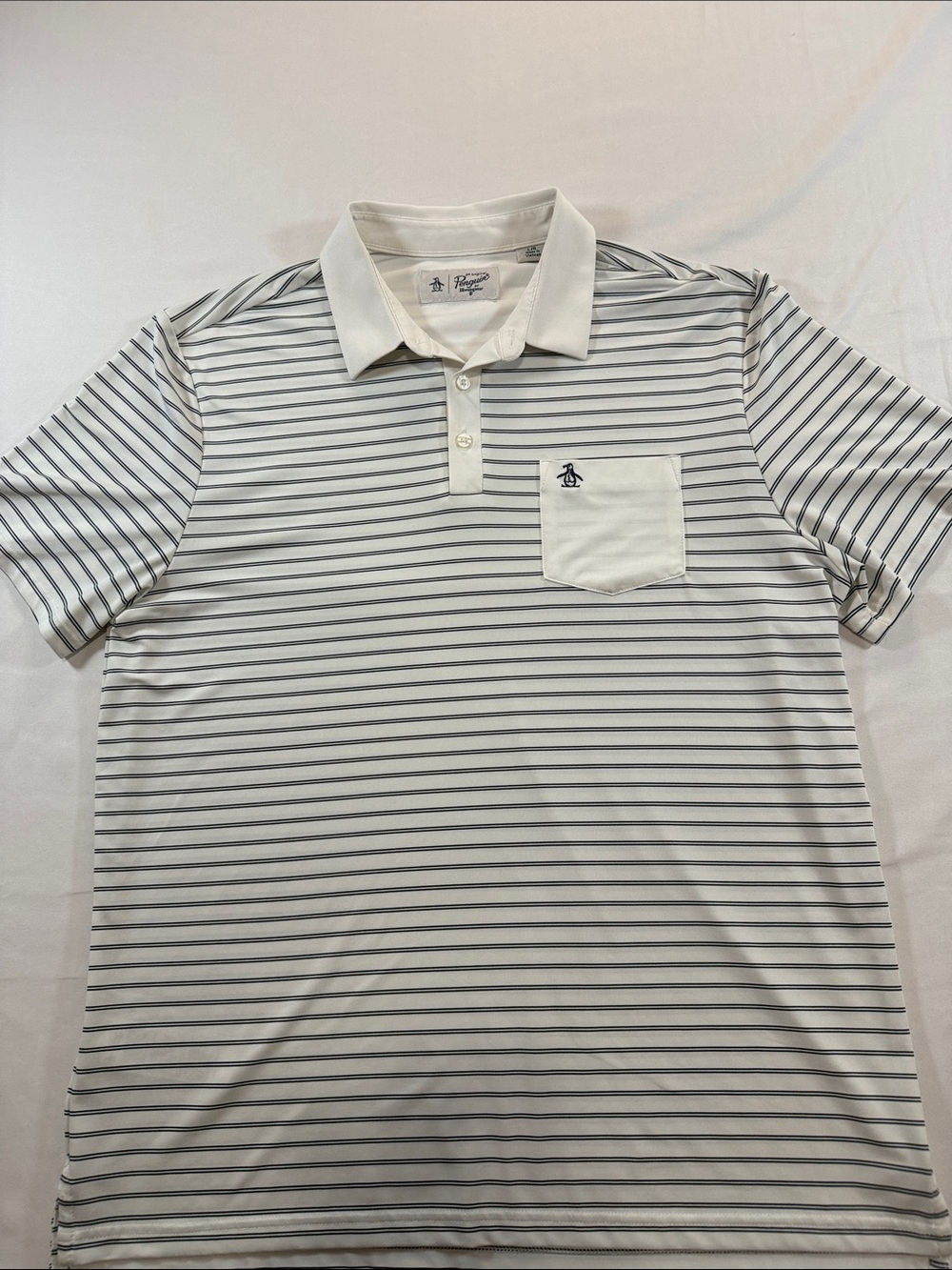 Original Penguin White Polo with Thin Gray Stripes Size L